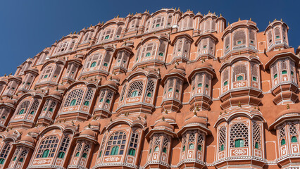 The ancient famous Hawa Mahal Wind Palace in India. The five-tiered harem wing of the palace...