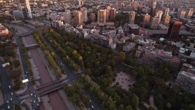 Aerial View Santiago De Chile Parque Forestal Treetops Surrounded By Business District Cityscape Traffic