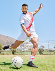 man, kick football and soccer training on sports field outdoors for competition game or workout....