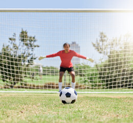 Soccer, sports and goalkeeper in defence for game, exercise and training at football pitch to stop goal outdoor. Professional male athlete or goalie with soccer ball on field for sport hobby