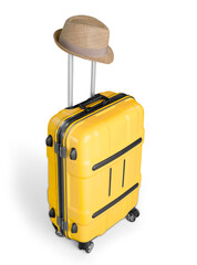 Yellow suitcase with a hat