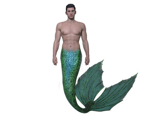 3D render: a fantasy handsome  merman character design, isolated , PNG transparent