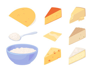 Set of different types of piece cheese in a cartoon style. And also cottage cheese
