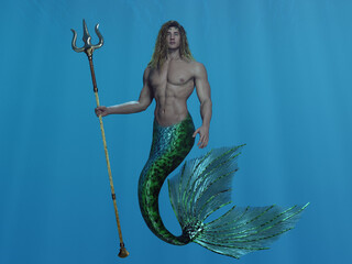 3D render: a fantasy merman creature character is under the deep blue sea, poseidon character with trident on hand - obrazy, fototapety, plakaty