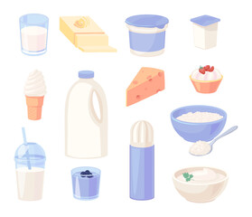 Set of dairy produce. Milk, butter and ice cream. And fermented milk products: sour cream, cottage cheese and yogurt