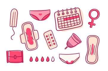 Set of menstruation product and related items in a doodle style - obrazy, fototapety, plakaty