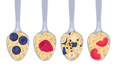 Set of spoons with porridge, muesli and berries