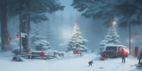 Pintura al oleo de paisaje de invierno y Navidad