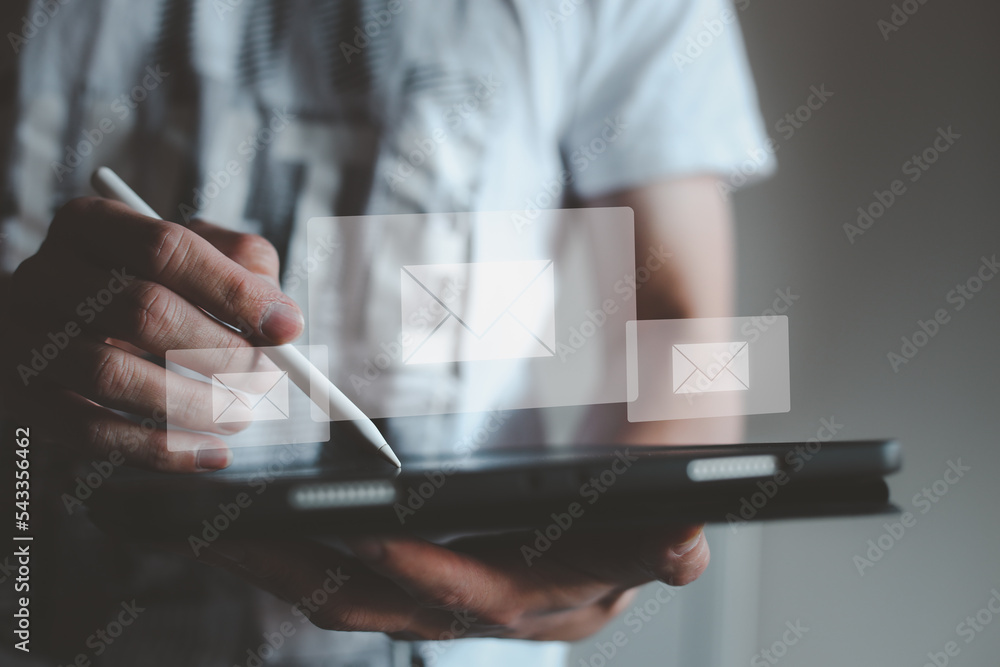 Poster customer support hotline contact us people connection. businessman using computer keyboard with the 