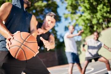 Fitness, sports and friends on a basketball court playing a game, training match and cardio workout...