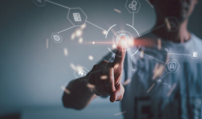 businessmen Fingerprint scanning and biometric authentication, processing of biometric for access personal data. surveillance and security scanning of digital programs cyber futuristic applications