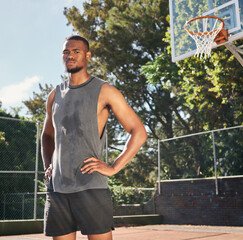 Basketball, black man and fitness on basketball court in the park, break after game with sports and serious in portrait. Strong, cardio and endurance and rest with sweat after sport training outdoor. - obrazy, fototapety, plakaty