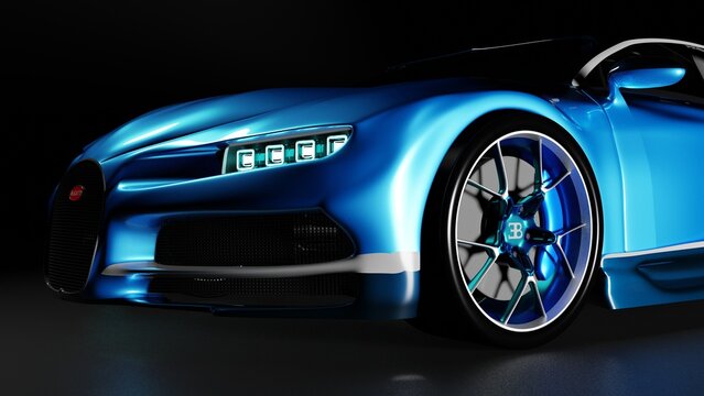 headlights Blue Bugatti Chiron Super car, Luxury Automotive Sport car on dark Background. 3D Render
