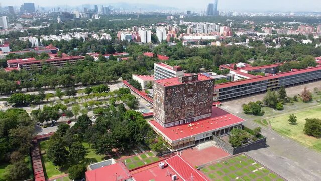 Central library view from over rectory tower in University City, UNAM Mexico City