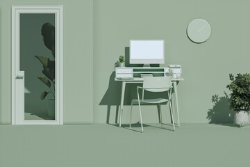 Pastel green monochrome minimal office table desk with plant pot. Minimal idea concept for study desk and workspace. Stay at home and work from home concept. Mockup template, 3d rendering
