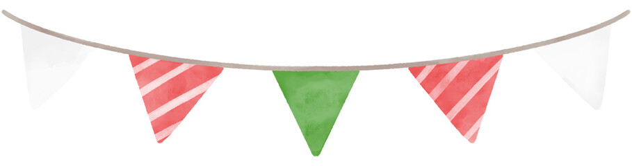 Christmas red, green and white triangle party bunting. Watercolor illustration.