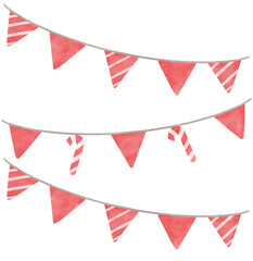 Christmas candy cane and red triangle party bunting. Watercolor illustration.