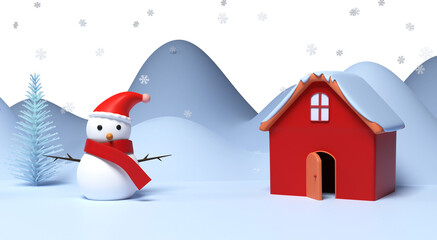 Fototapeta na wymiar 3D House Arch With Cute Snowman, Xmas Or Spruce Tree On Blue Snowy Background.