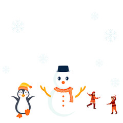 Cartoon Snowman With Penguin, Cheerful Kids Throwing Snowballs Each Other Against Snowflake Background And Copy Space.