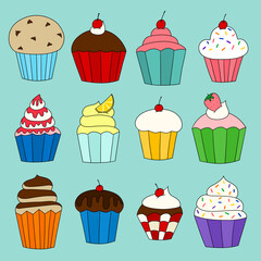 A Collection of a Dozen Cute Vector Cupcakes
