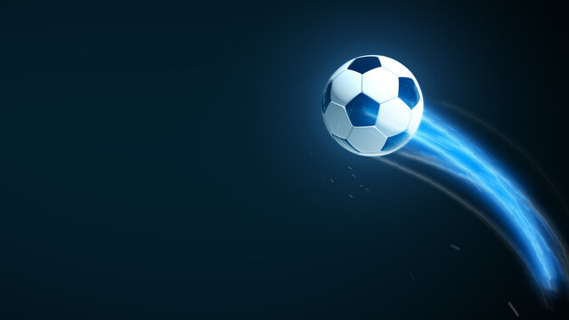 Soccer ball speed fast magic effect in blue flames and lights black background