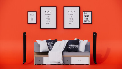 interior sofa and photo frames on the orange background