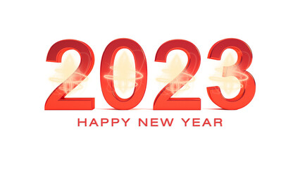 2023 png, red color 3D 2023 text isolated on transparent background with shiny gold glow effect and happy new year text for Christmas concept 3D rendering.