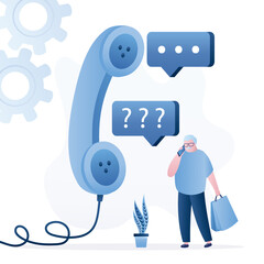 Hotline, grandfather client talking with support service. Big vintage telephone with speech bubbles. Feedback, chat with client service. Elderly customer need help.