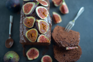 sweet home made chocolate fig cake on a table