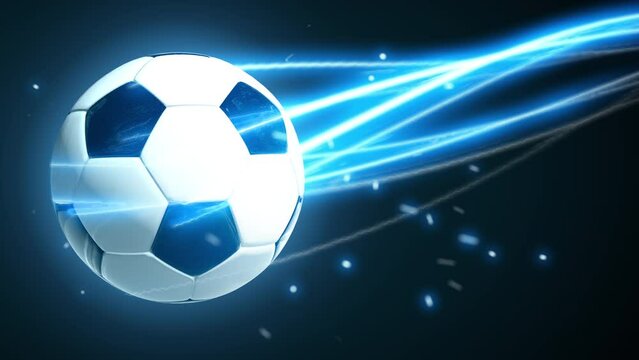 Soccer ball speed fast magic effect in blue flames and lights black background