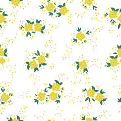 Cute floral pattern. Seamless vector texture. An elegant template for fashionable prints. Print with yellow flowers and dots .  green leaves, white  background.