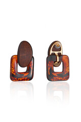 Close-up shot of boho wooden earrings with a square pendant. The earrings with resin pendants are isolated on a white background. Front and back views.