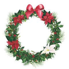 Wreath holly Christmas, Poinsettia, Mistletoe isolated on white. Watercolor hand drawn frame. Illustration for design