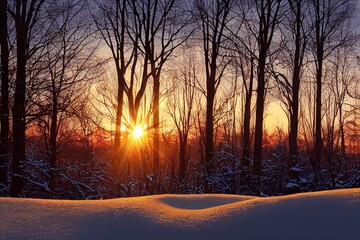 beautiful snowy winter landscape panorama with forest and sun. winter sunset in forest panoramic view. sun shines through snow covered trees