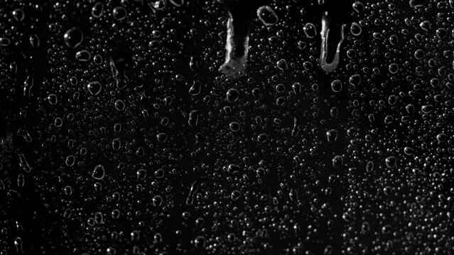 Rain on window, Water Drops following down on black background. Drops of Rain trickling down isolated.Perfect for digital composing, alpha, Close up