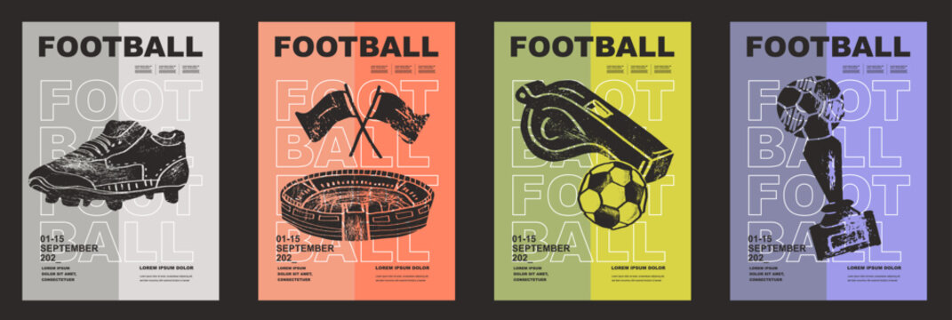 Template Sport Layout Design, soccer football. Football league tournament poster vector illustration. Cup, whistle, stadium, vector, boots, soccer football pitch background.