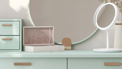 Empty modern, minimal and luxury pastel green dressing table top, round makeup mirror in white wall bedroom with sunlight and dappled leaf shadow for beauty, cosmetic product display background