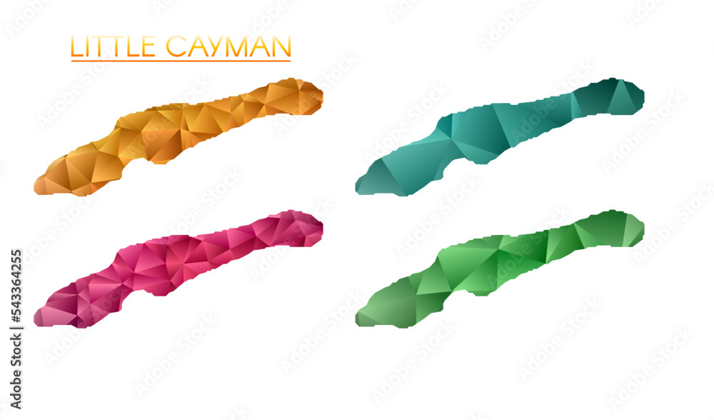 Poster set of vector polygonal maps of little cayman. bright gradient map of island in low poly style. mult