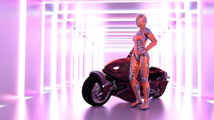 Naklejka na ściany i meble Robot Girl with Motorbike