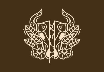 Obraz premium Vintage art illustration of a bull skull and flowers round it