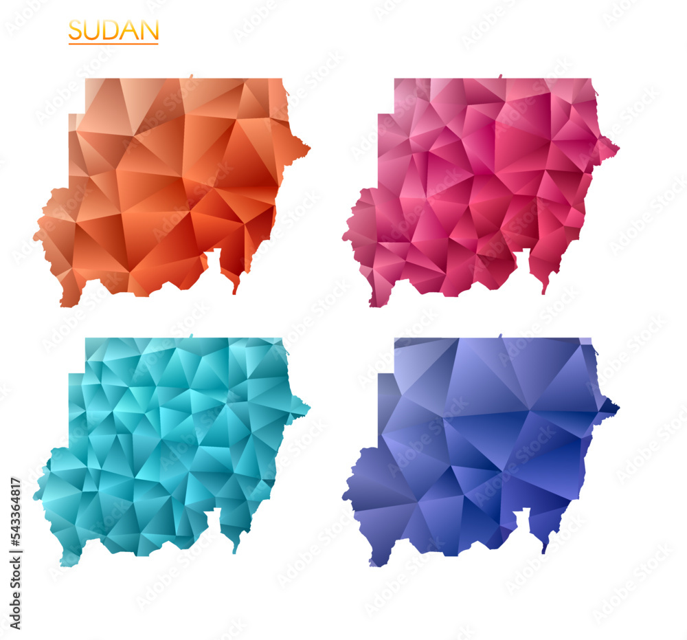 Poster set of vector polygonal maps of sudan. bright gradient map of the country in a low poly style. multi