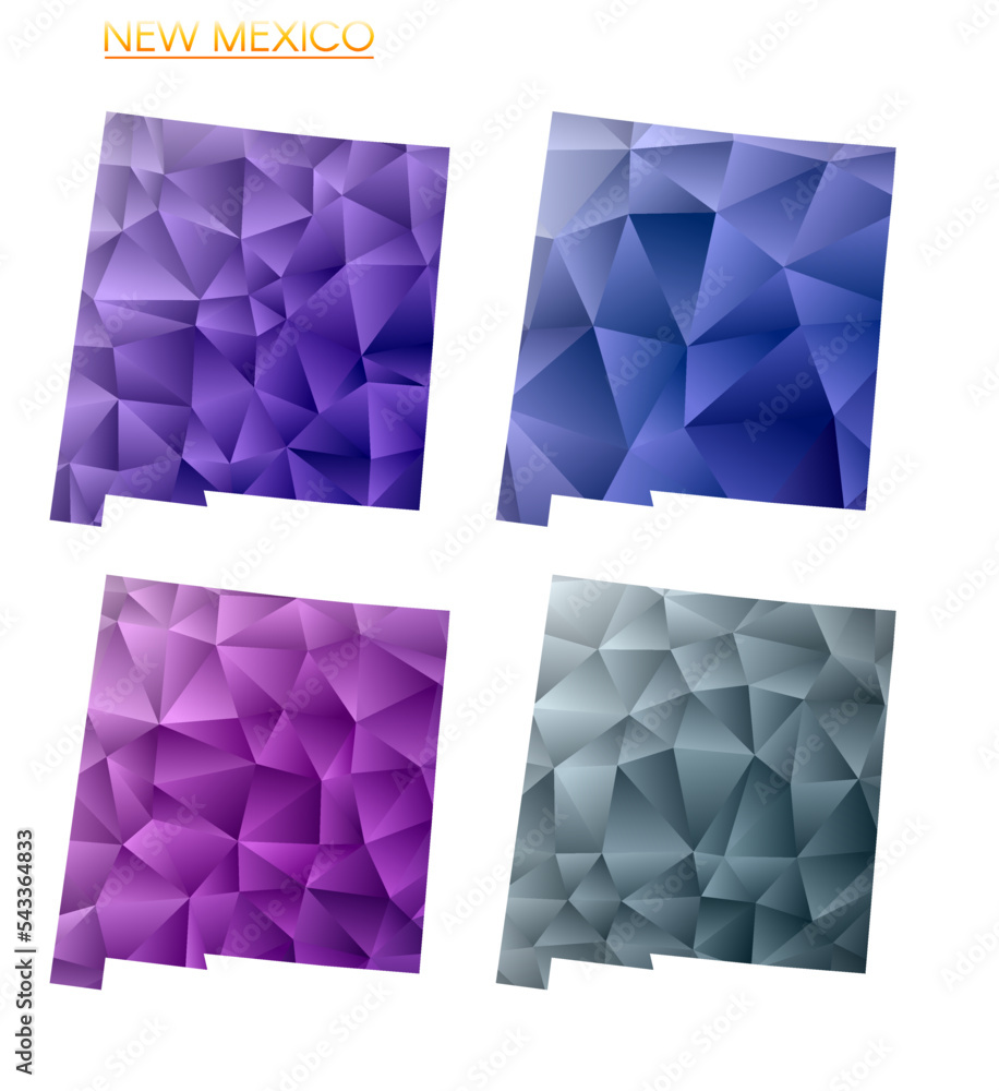 Poster set of vector polygonal maps of new mexico. bright gradient map of us state in low poly style. multi