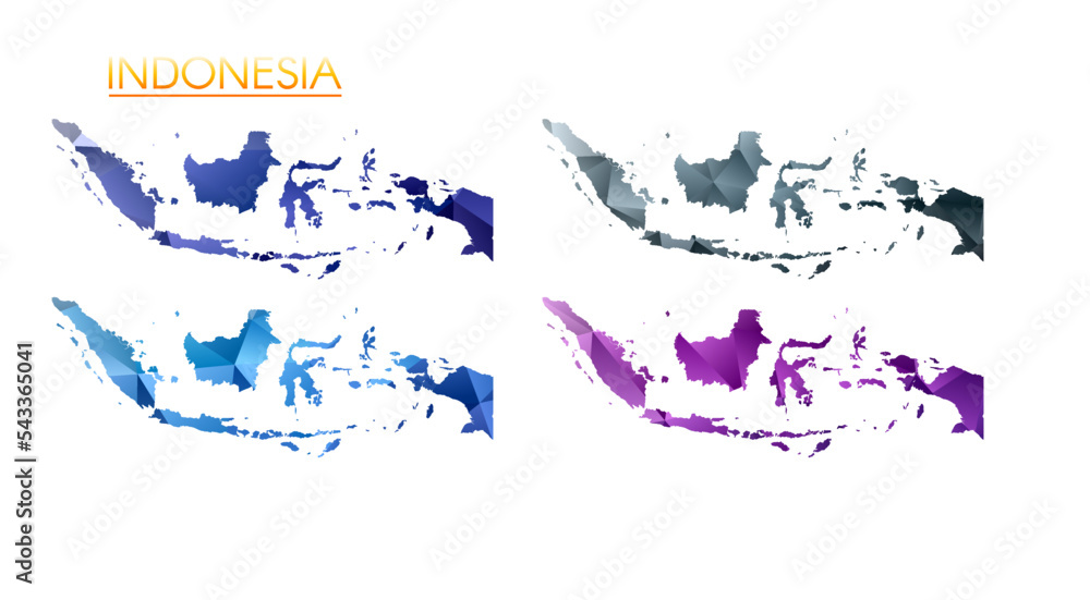 Aufkleber set of vector polygonal maps of indonesia. bright gradient map of the country in low poly style. mul