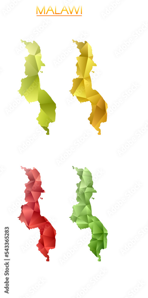 Poster set of vector polygonal maps of malawi. bright gradient map of country in low poly style. multicolor