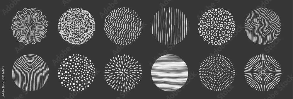 Poster abstract line pattern circle set. hand drawn texture, doodle decorative line, spiral, scribble graph