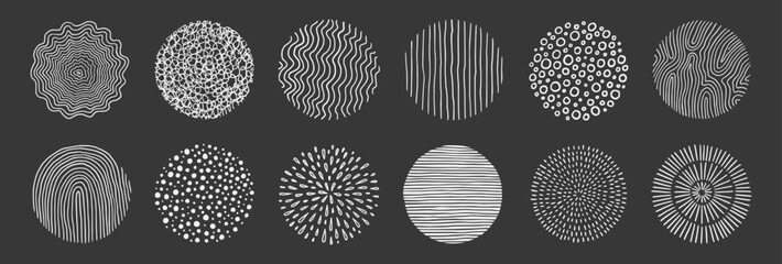 Abstract line pattern circle set. Hand drawn texture, doodle decorative line, spiral, scribble graphic round element. Circle drawn brush grunge texture. Vector illustration