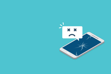 Broken smartphone with sad smile. Broken phone service, recovery and repair concept.