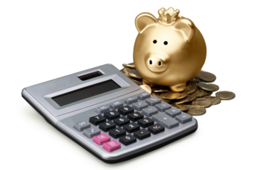 Piggy bank, calculator and golden coins isolated on white background