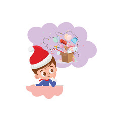 cute boy dreaming about Christmas gifts vector isolated on white background. Christmas vector.  