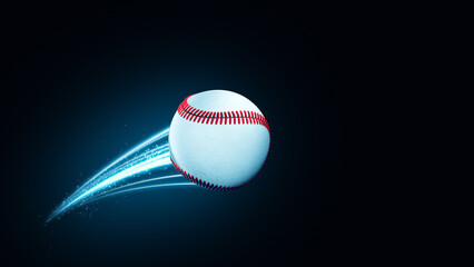 Baseball ball speed fast magic effect in blue flames and lights black background 3D rendering